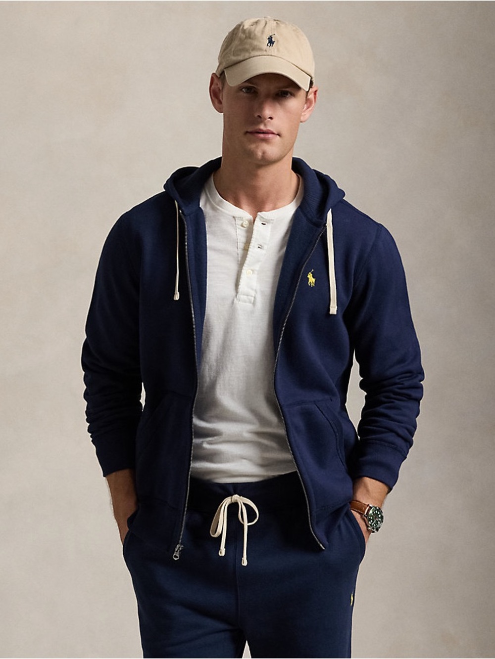 Polo Ralph Lauren Full-Zip Fleece Hoodie Navy Blue Yellow Pony Mens L